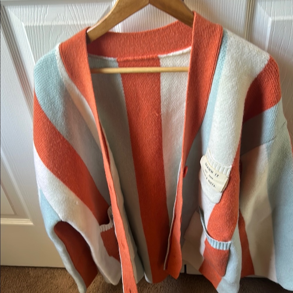 Cozy Coral Gray Ivory Striped Cardigan Sweater
